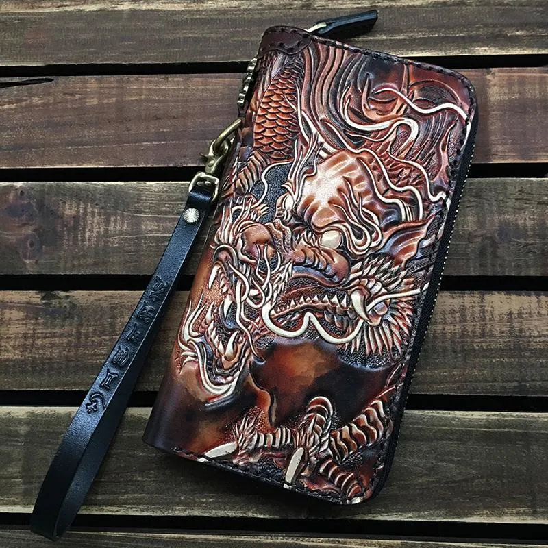 Black Handmade Carp Toad Tooled Leather Long Biker Wallet Black Chain Wallet Clutch Wallet For Men