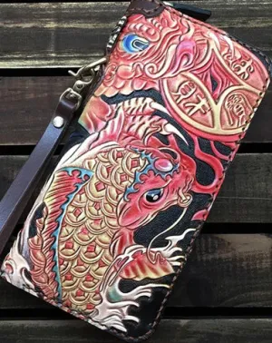 Black Handmade Carp Toad Tooled Leather Long Biker Wallet Black Chain Wallet Clutch Wallet For Men