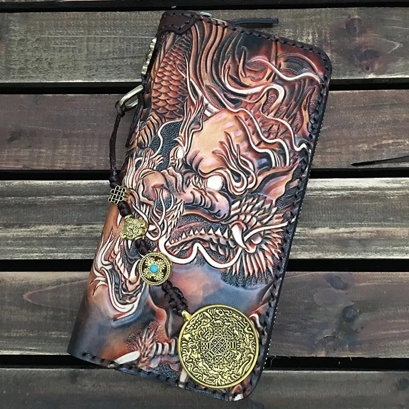 Black Handmade Carp Toad Tooled Leather Long Biker Wallet Black Chain Wallet Clutch Wallet For Men