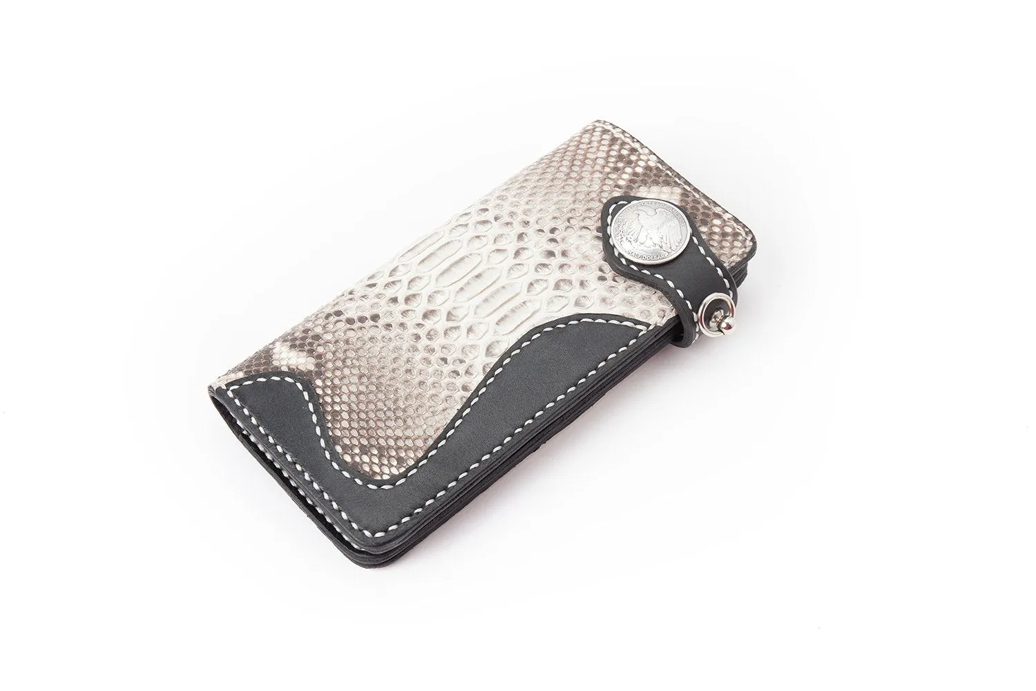 Black Leather Mens Long Biker Wallet Bifold Snake Skin Long Wallet Biker Chain Wallet For Men