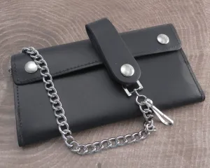 Black Leather Trifold Wallet with Chain Extra Long