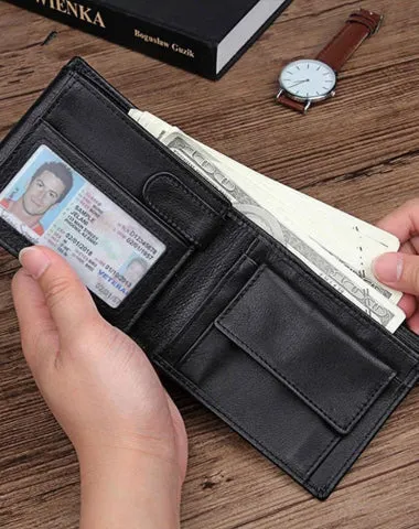 Black Trifold Leather Mens Wallet Small Wallet Billfold Wallet Black Front Pocket Wallet for Men