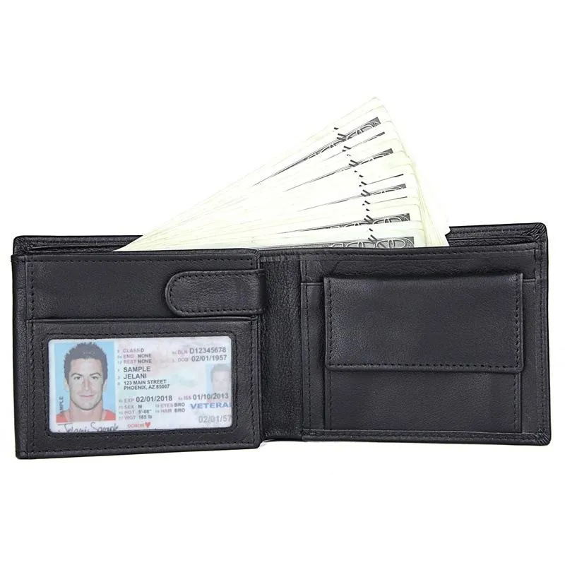 Black Trifold Leather Mens Wallet Small Wallet Billfold Wallet Black Front Pocket Wallet for Men