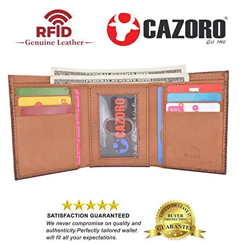 Cazoro Genuine Leather Mens RFID Blocking Slim Trifold Wallet 8 Cards 1 ID Window 2 Bill Pockets RFID611305