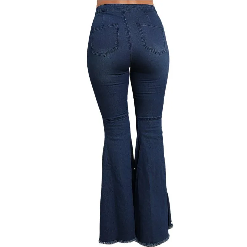 High-Waist Beaded Flared Denim Jeans – Stretchy & Stylish Streetwear