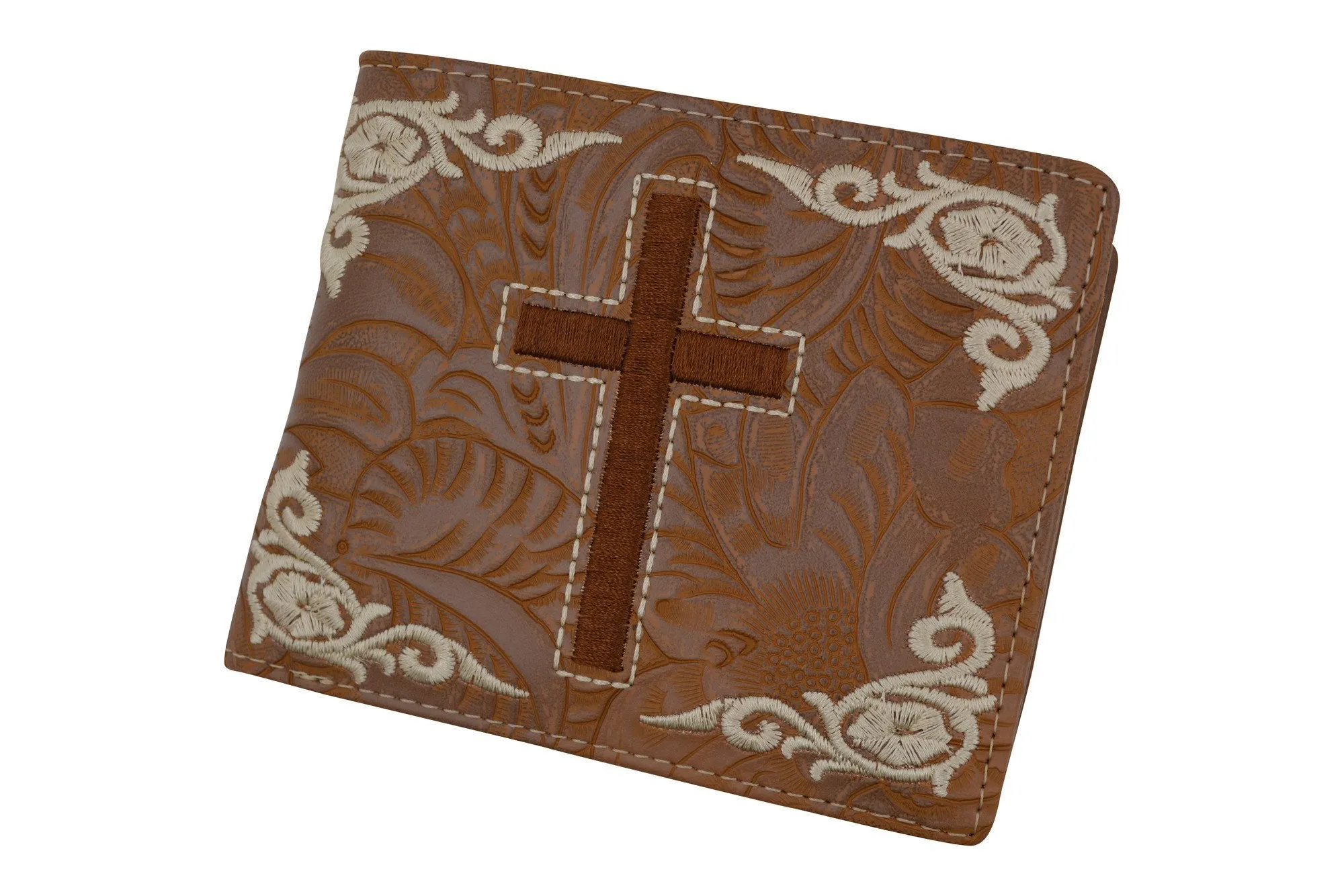 Men's Western Tan Cowboy Cross Design Credit Card ID Holder Bifold Wallet W059-L-BR (C)