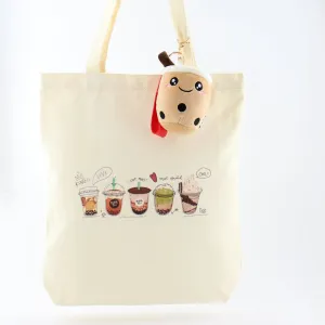 Milk Tea Bubble Tea Cute Canvas Women Tote Bag with Boba Plush Keychain