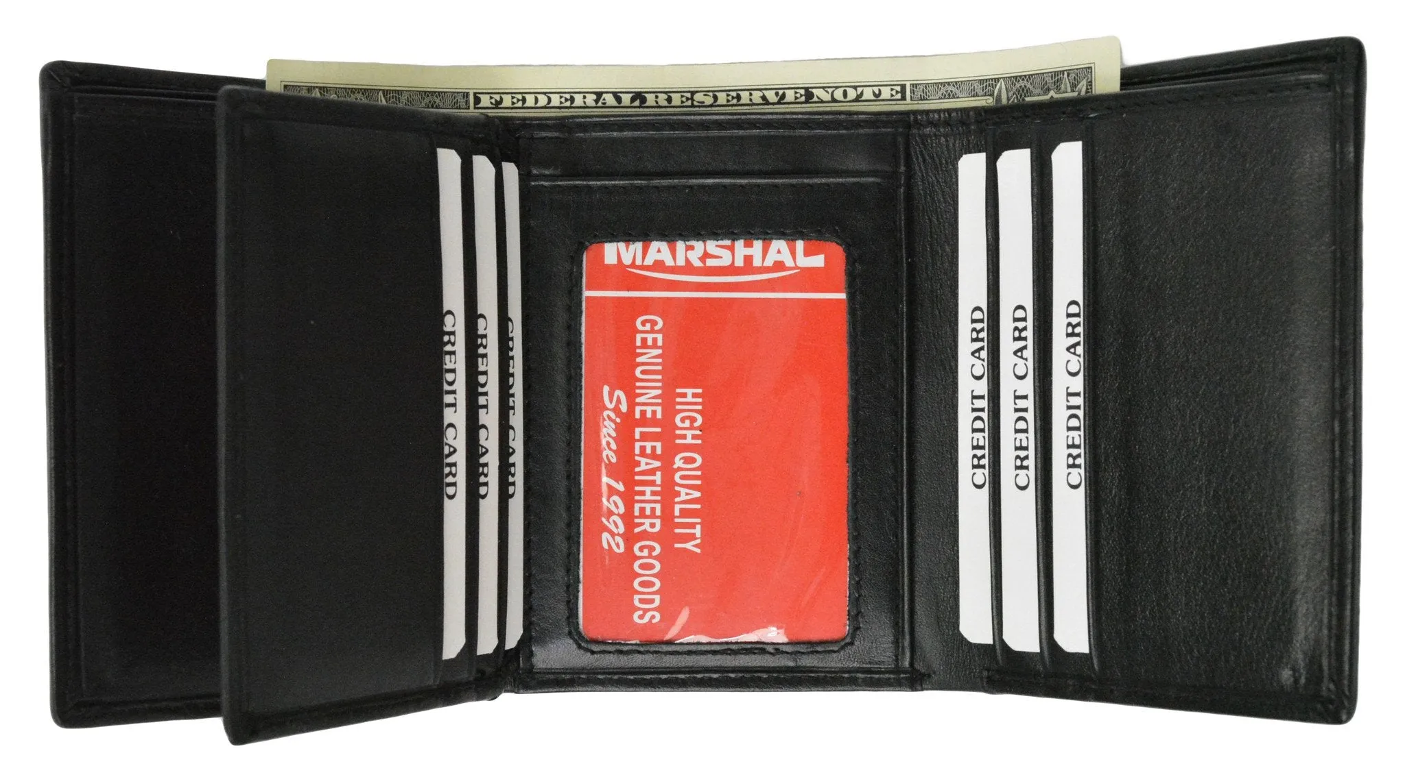 New Mens Black Leather Lamb Wallet Classic Trifold with Marshal Logo 60 1107 BK LOGO