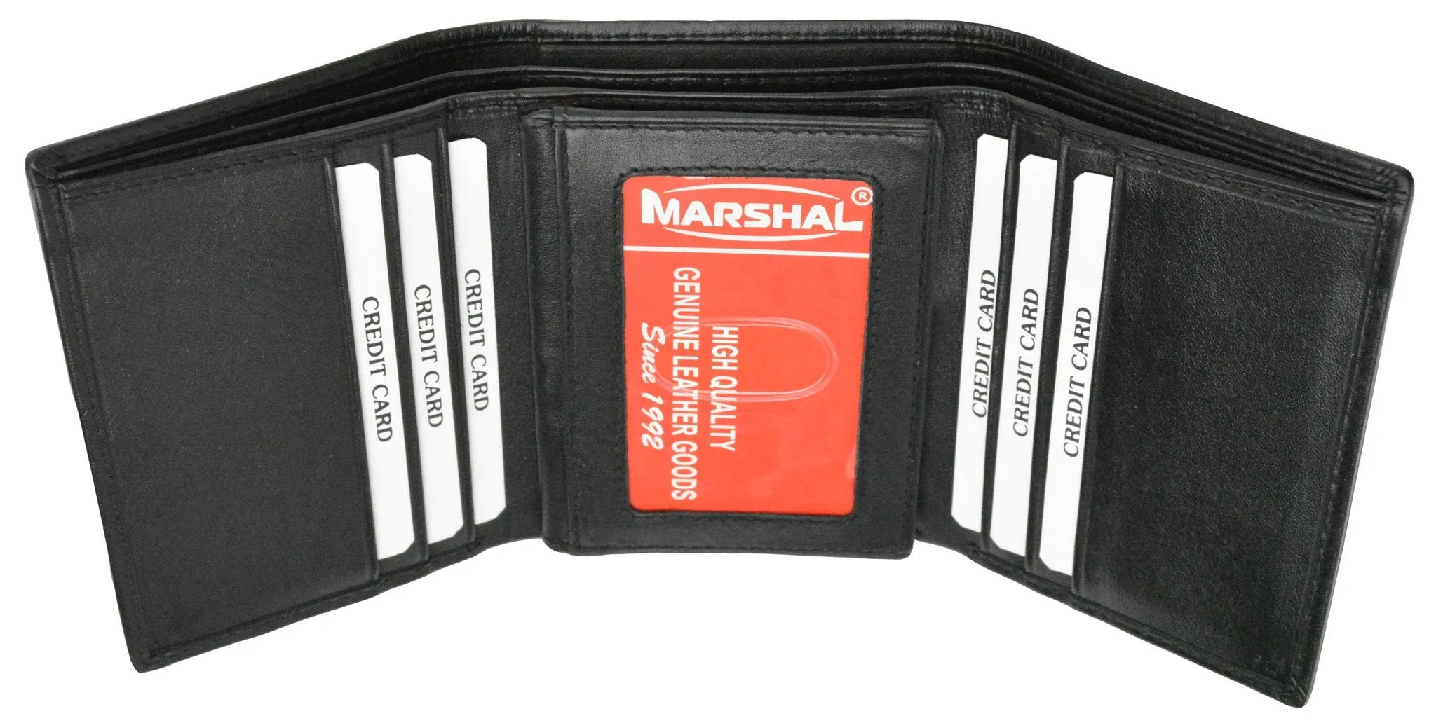 New Mens Black Leather Lamb Wallet Classic Trifold with Marshal Logo 60 1107 BK LOGO