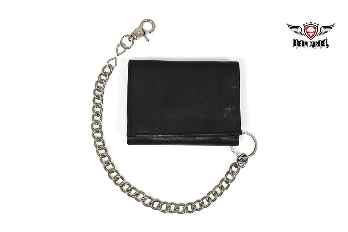 Plain Black Biker Tri-Fold Chain Wallet