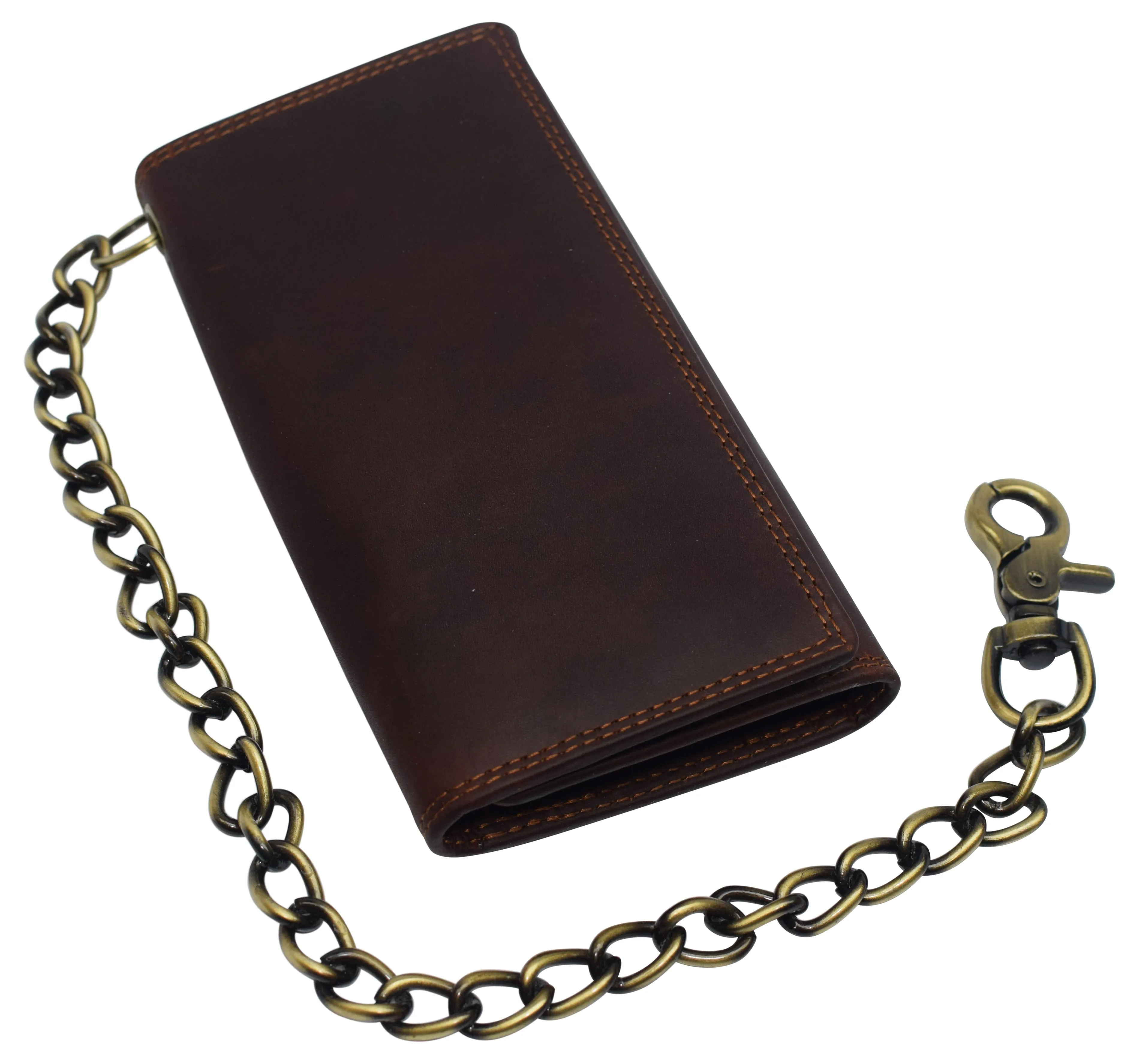 RFID1646RHU Bikers RFID safe Cow Leather Crazy Horse Brown Long Checkbook Trifold Chain Wallet for Men Vintage Texture style