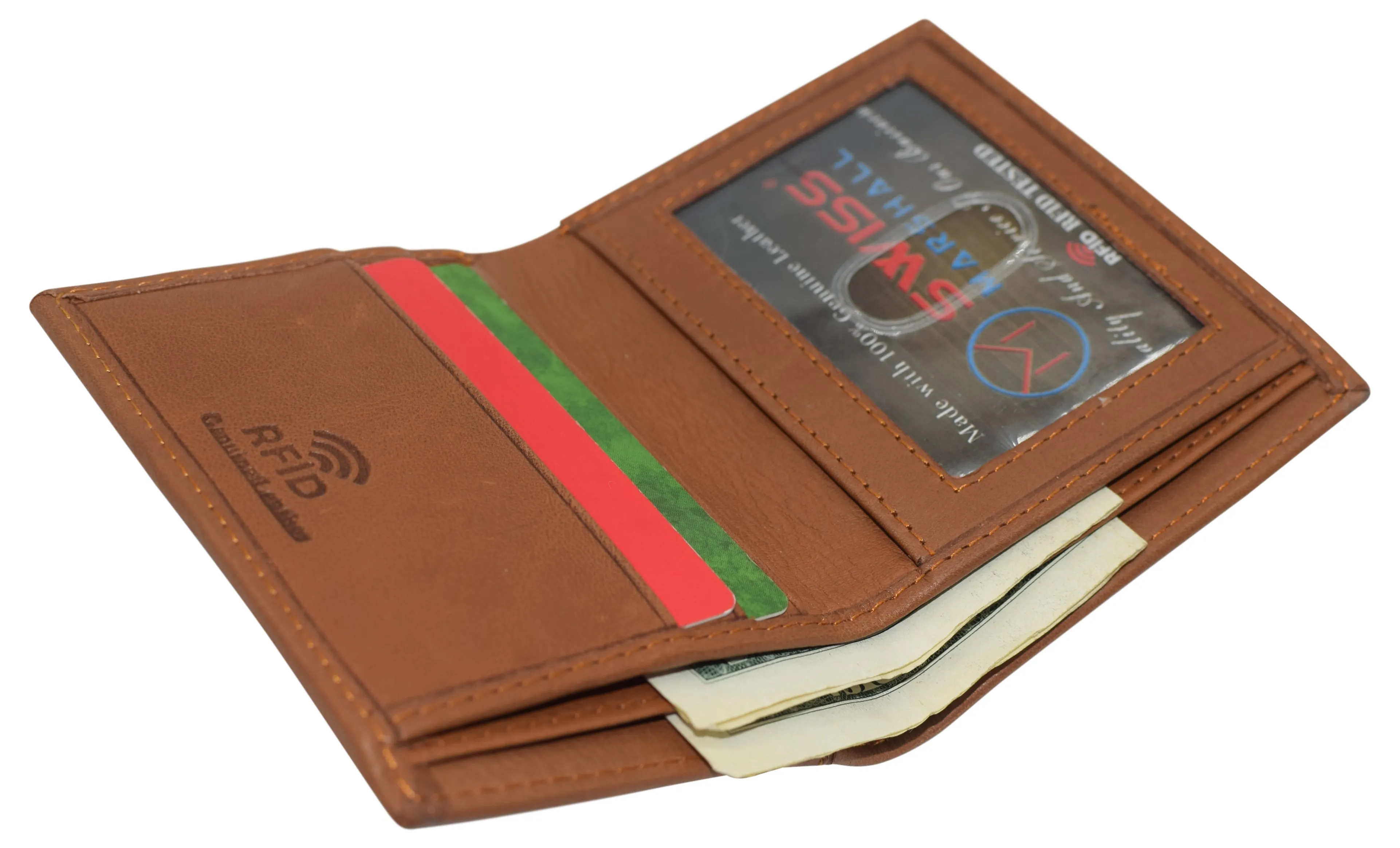 RFID510012 Slim Bifold Front Pocket Wallet 2 ID Window Credit Card Holder Genuine Leather RFID Blocking