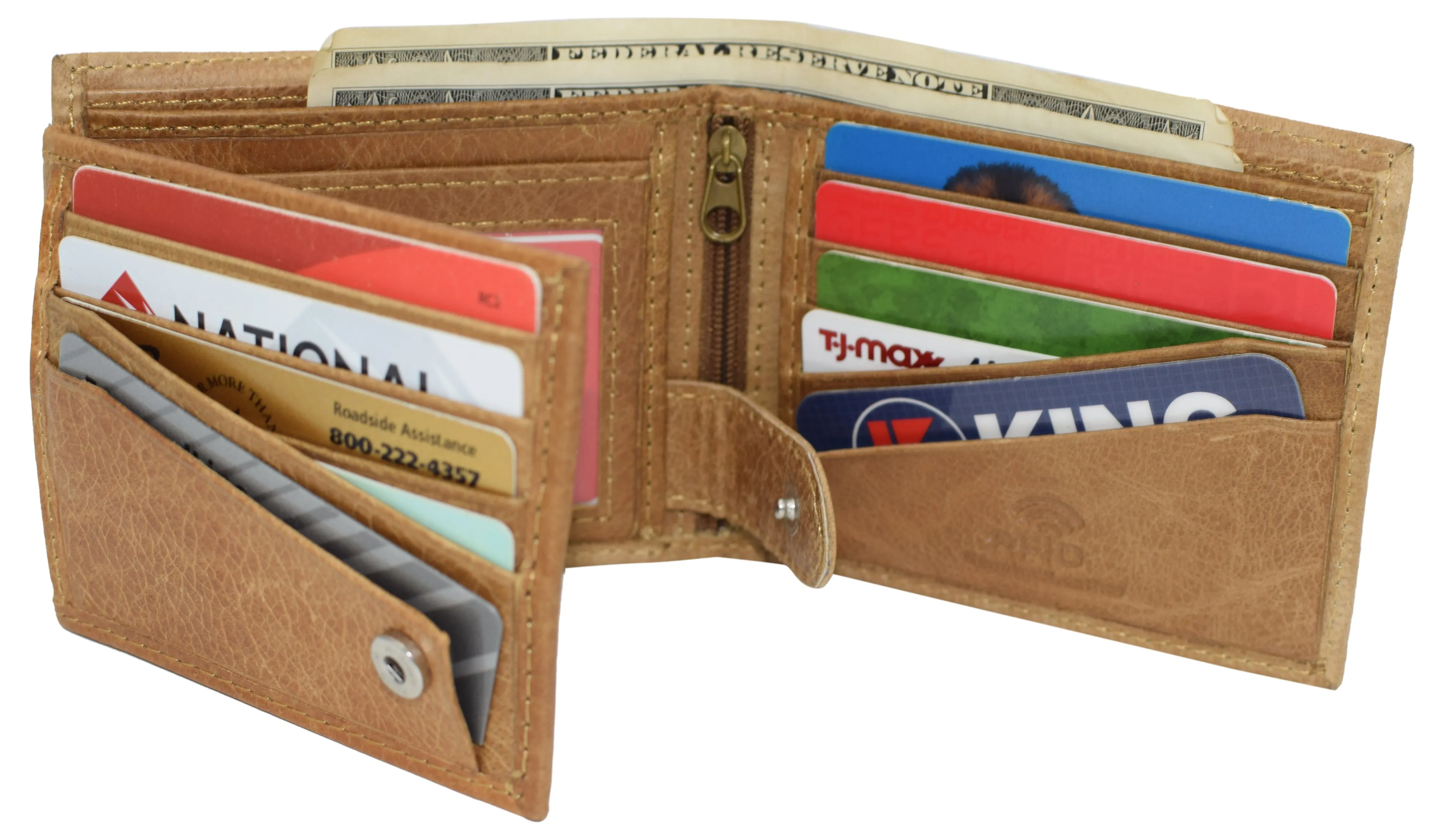 RFID621533TN Genuine Leather Men's RFID Blocking Extra Capacity Expandable Snap Bifold Tan Wallet for Men