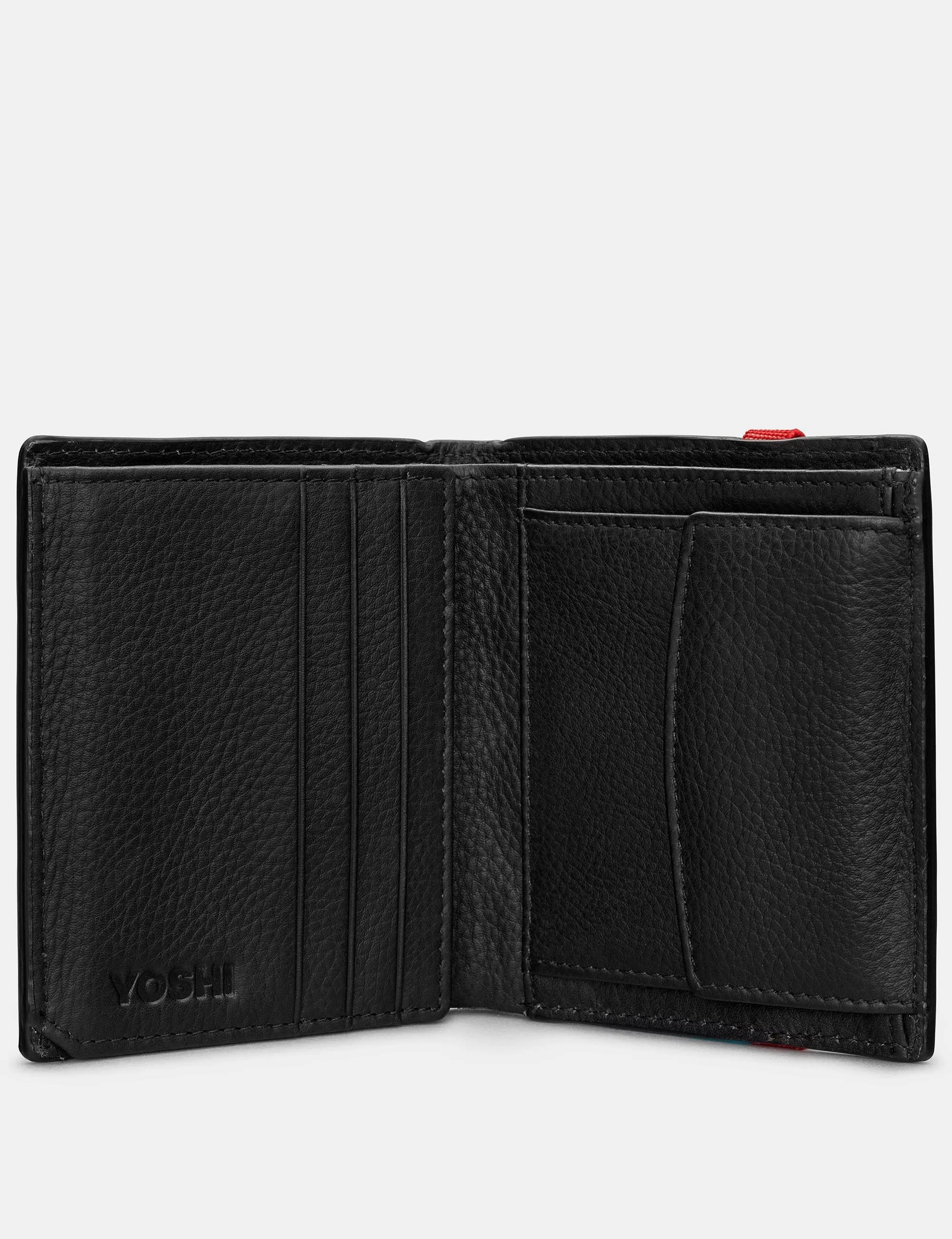 Two Fold Black Leather Coin Pocket Wallet With Elastic