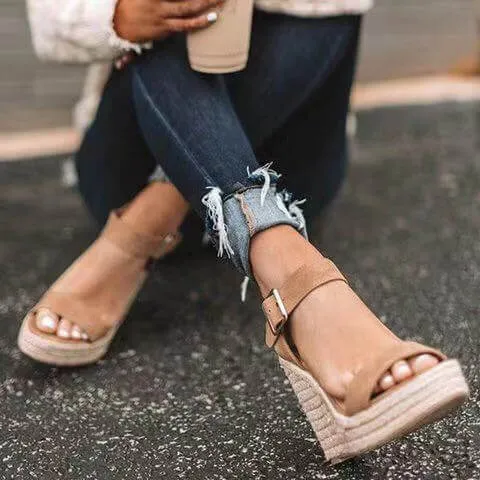Wedge Leather Platform Buckle Sandals