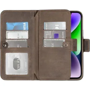 Windsor iPhone 14 Plus Bi-Fold Wallet Case, Distressed Coffee